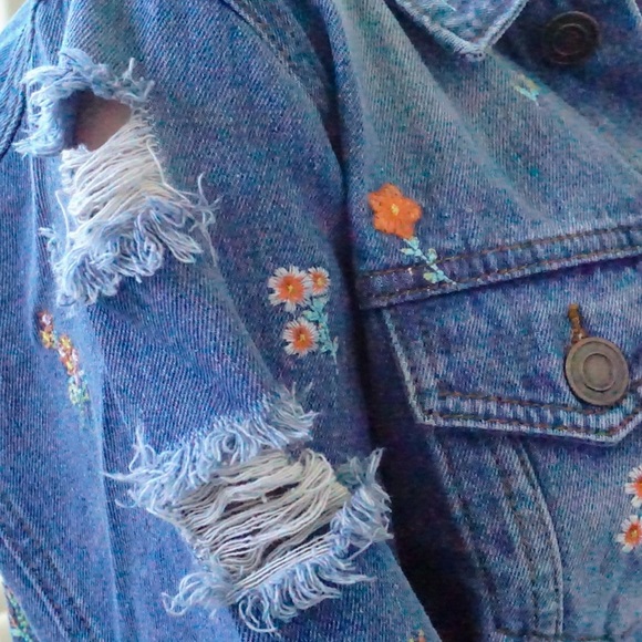 Distressed Denim Jacket Floral Embroidered Detail - Picture 7 of 16